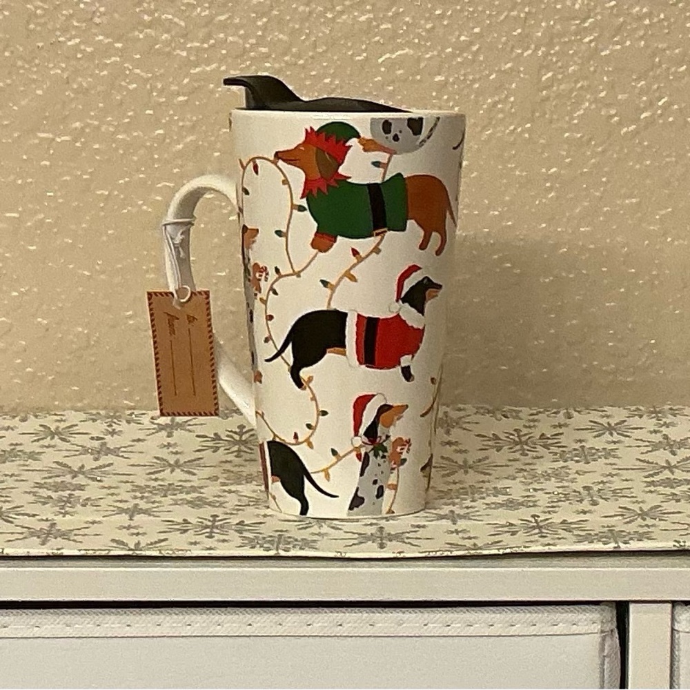 Godinger Christmas Dachshund Dog Print Travel Mug